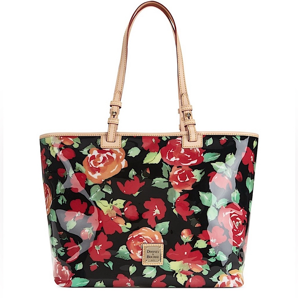 Dooney & Bourke Rose Garden Bloom Black Red PVC Shopping Tote Bag Vintage